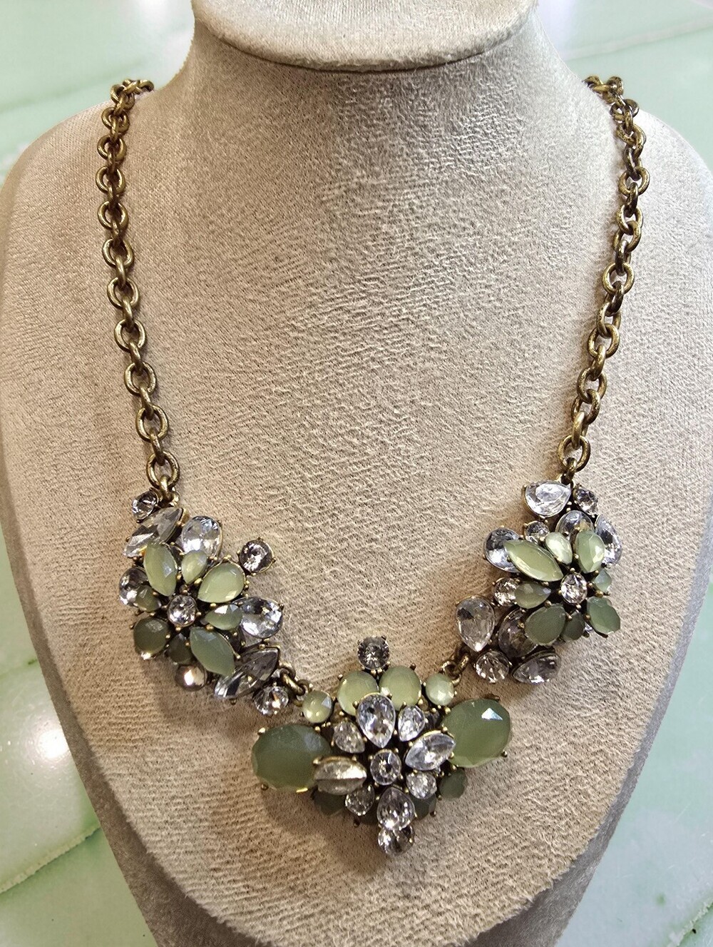 J.Crew Floral Crystal Bib Statement Necklace Mint Green Gold